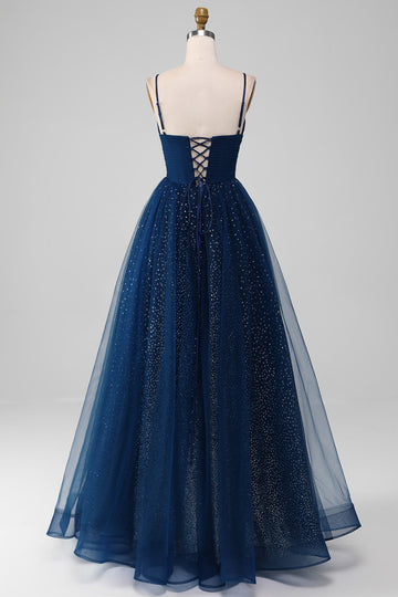 Navy Ball-Gown Scollo a V lungo in rilievo Tulle Prom Dresses con pieghe